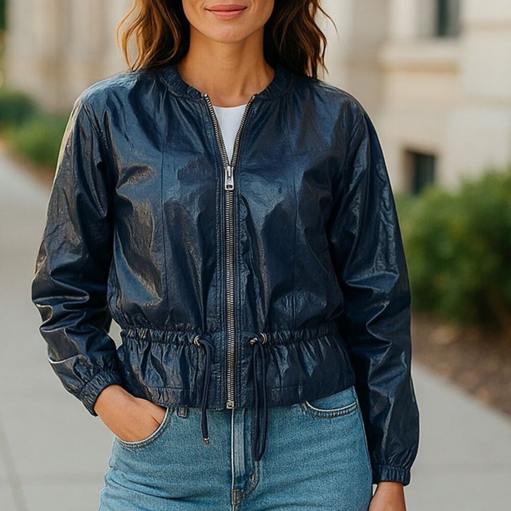DKNY Drawstring Crinkled Bomber Leather Look Glossy Jacket Size XS NWOT